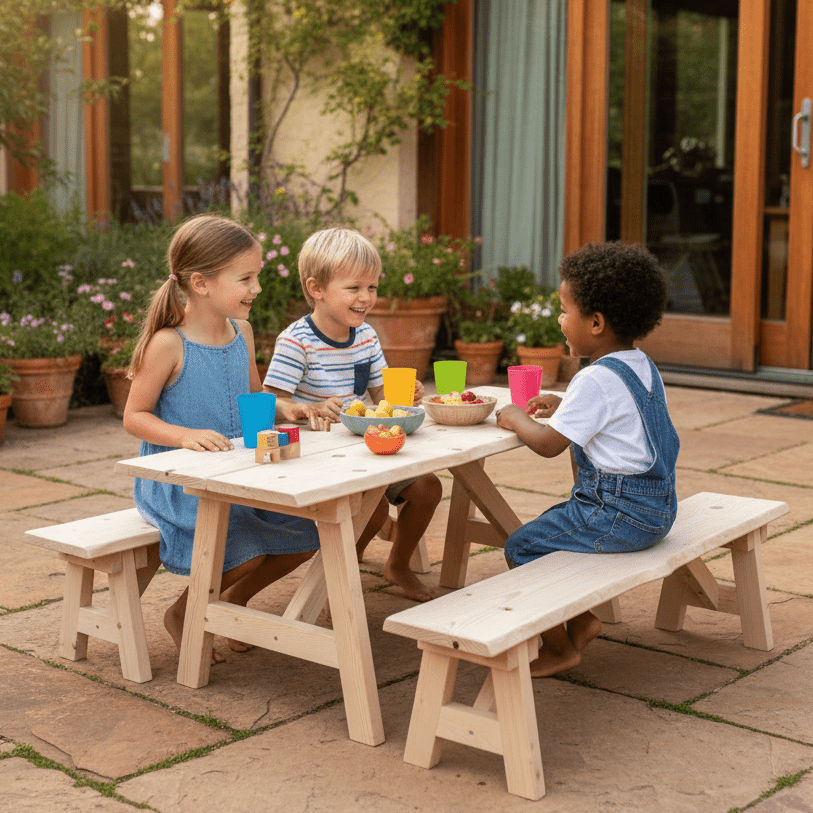 Kinder Picknick-Sitzgruppe aus Holz - STAMM.TISCH | mitwachsende Kinder-Sitzgrupppe  für den Garten | für Privat, KiTa, Grundschule