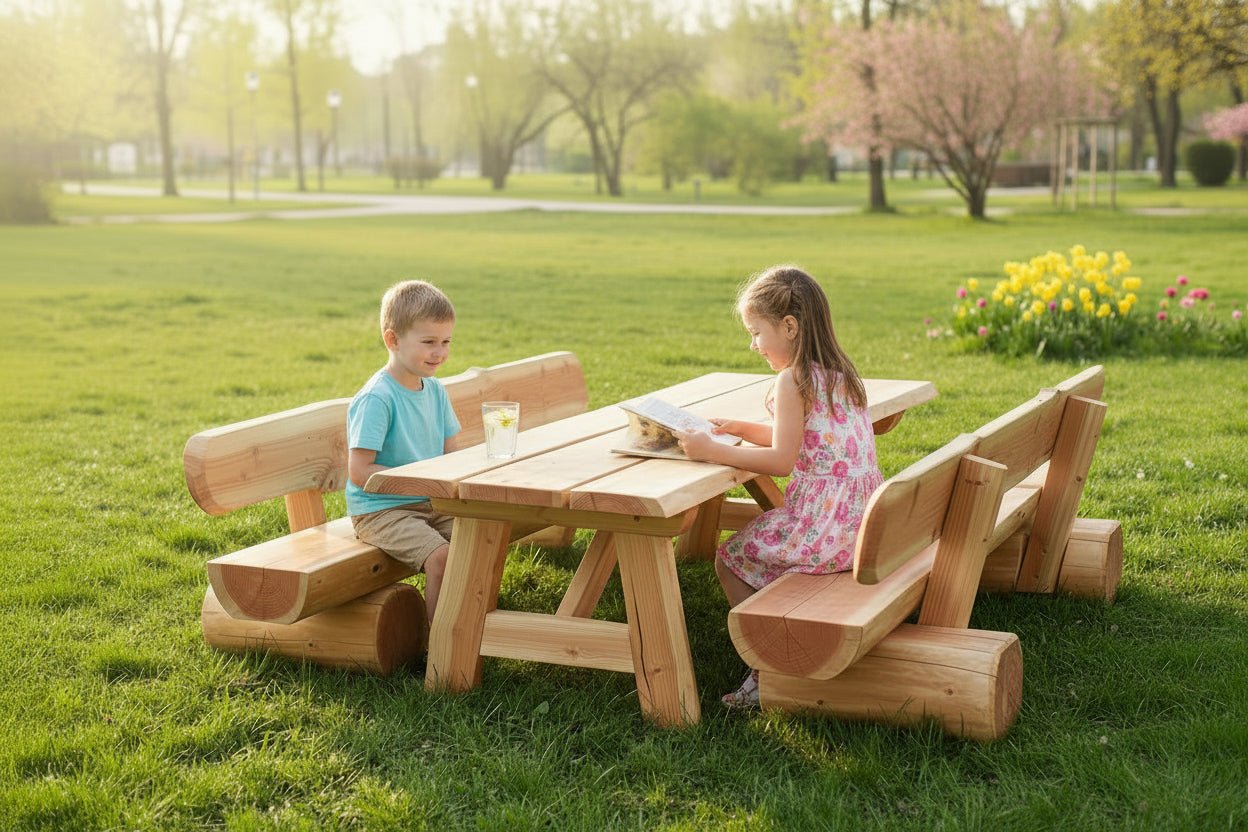 Rustikale Kinder-Sitzgarnitur aus Massivholz – Outdoor Tisch & Bänke | für  Privat, KiTa, Grundschule